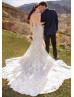 Strapless Plunging Neck Ivory Lace Tulle Open Buttons Back Wedding Dress